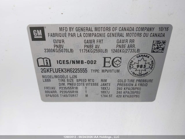 Aukcja sprzedaży 2017 Gmc Terrain Slt, vin: 2GKFLUEK3H6225555, numer aukcji: 12683512