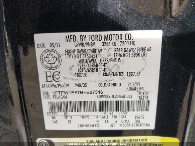 Aukcja sprzedaży 2011 Ford F-150 Fx4, vin: 1FTFW1EF7BFB67516, numer aukcji: 12683513