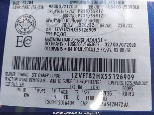 Продаж на аукціоні авто 2005 Ford Mustang Gt, vin: 1ZVFT82HX55126909, номер лоту: 12683515