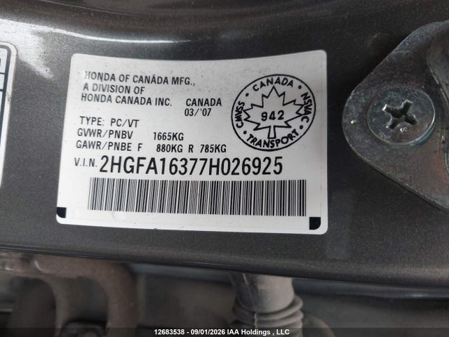 12683538 :رقم المزاد ، 2HGFA16377H026925 vin ، 2007 Honda Civic Dx مزاد بيع