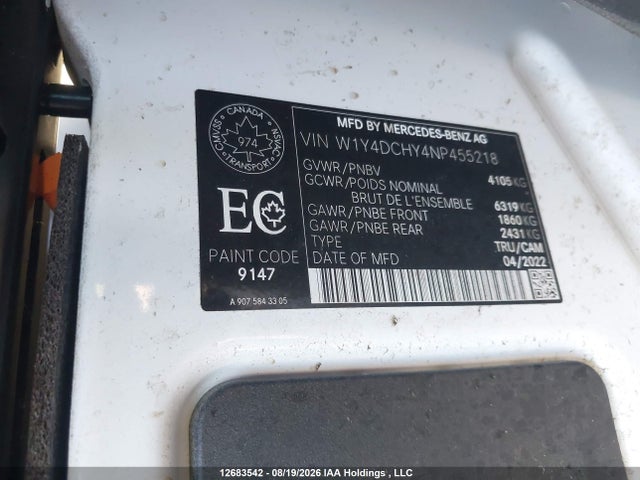 Aukcja sprzedaży 2022 Mercedes-benz Sprinter 2500, vin: W1Y4DCHY4NP455218, numer aukcji: 12683542