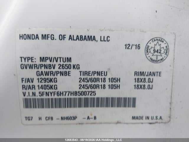 Honda PILOT EXLN 2017 5FNYF6H77HB500725 Image 9