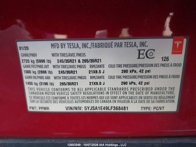 Tesla Model S Performance 2020 5YJSA1E49LF368481 Image 9