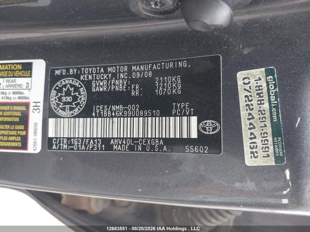 12683551 :رقم المزاد ، 4T1BB46K99U089510 vin ، 2009 Toyota Camry Hybrid مزاد بيع