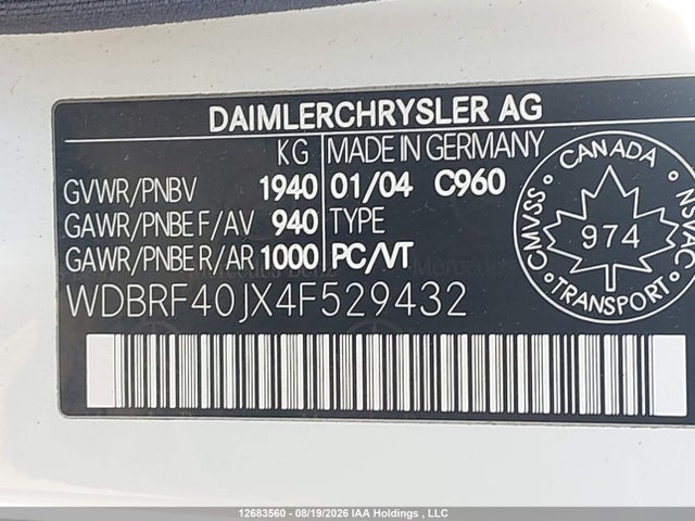 Aukcja sprzedaży 2004 Mercedes-benz C 230 Classic/sport, vin: WDBRF40JX4F529432, numer aukcji: 12683560