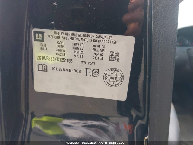 12683567 :رقم المزاد ، 2G1WB5E3XD1251065 vin ، 2013 Chevrolet Impala Lt مزاد بيع