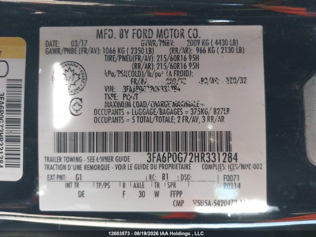 Продаж на аукціоні авто 2017 Ford Fusion S, vin: 3FA6P0G72HR331284, номер лоту: 12683573