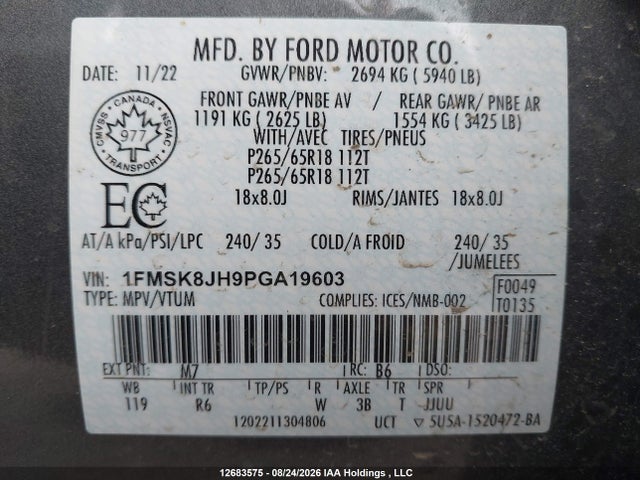 1FMSK8JH9PGA19603 Ford Explorer Timberline