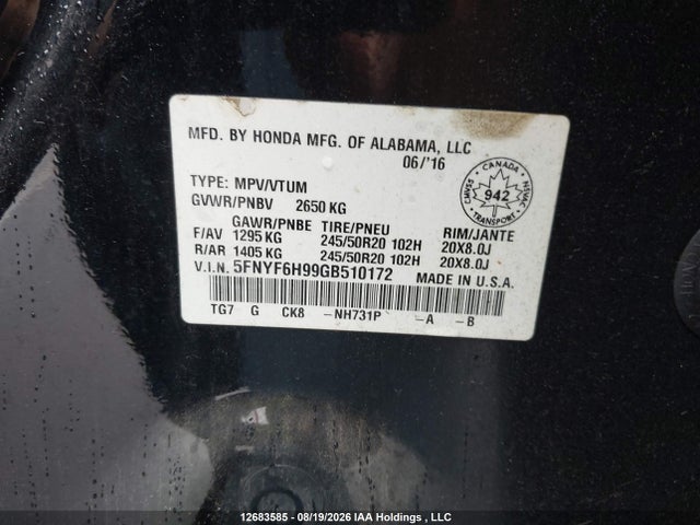 Honda Pilot Touring 2016 5FNYF6H99GB510172 Image 19