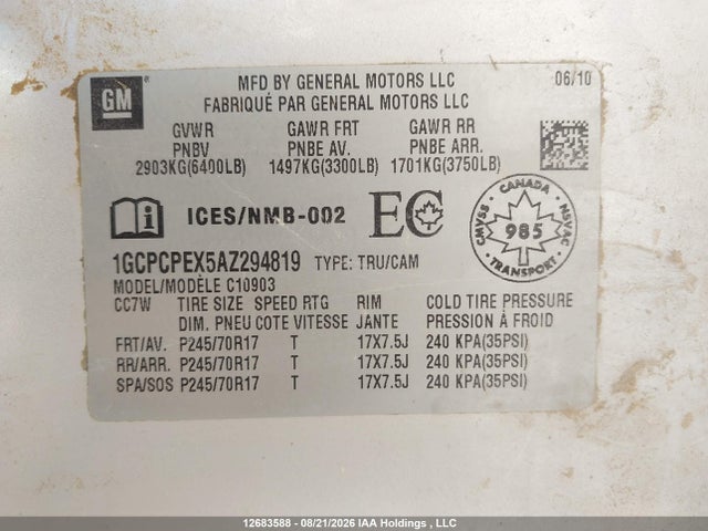 12683588 :رقم المزاد ، 1GCPCPEX5AZ294819 vin ، 2010 Chevrolet Silverado 1500 Wt مزاد بيع