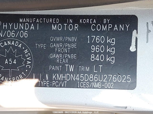 Aukcja sprzedaży 2006 Hyundai Elantra, vin: KMHDN45D86U276025, numer aukcji: 12683609