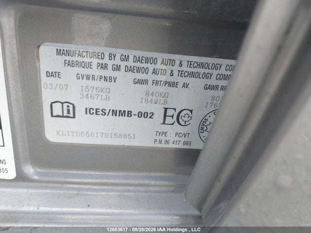 12683617 :رقم المزاد ، KL1TD55617B158851 vin ، 2007 Chevrolet Aveo Ls مزاد بيع
