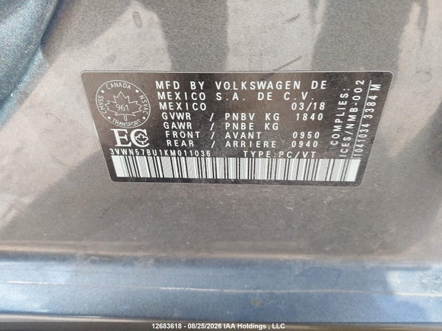12683618 :رقم المزاد ، 3VWN57BU1KM011036 vin ، 2019 Volkswagen Jetta 1.4 Tsi Comfortline مزاد بيع