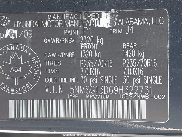 12683633 :رقم المزاد ، 5NMSG13D69H322731 vin ، 2009 Hyundai Santa Fe Gls مزاد بيع