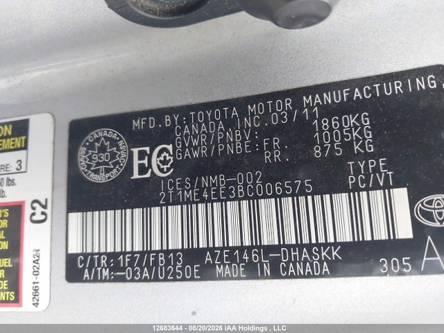 12683644 :رقم المزاد ، 2T1ME4EE3BC006575 vin ، 2011 Toyota Matrix Xrs مزاد بيع