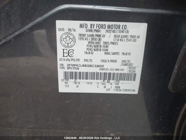 Продажа на аукционе авто 2016 Ford Edge Sel, vin: 2FMPK3J88GBC32655, номер лота: 12683648