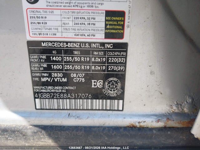 2008 Mercedes-benz Ml 550 მანქანა იყიდება აუქციონზე, vin: 4JGBB72E88A317076, აუქციონის ნომერი: 12683667
