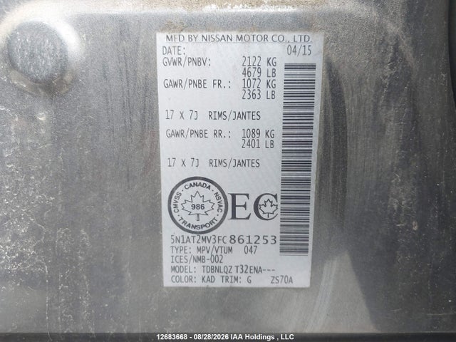 Aukcja sprzedaży 2015 Nissan Rogue S/sl/sv, vin: 5N1AT2MV3FC861253, numer aukcji: 12683668