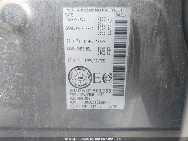 Aukcja sprzedaży 2015 Nissan Rogue S/sl/sv, vin: 5N1AT2MV3FC861253, numer aukcji: 12683668