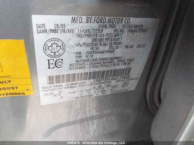 Продаж на аукціоні авто 2006 Ford Five Hundred Sel, vin: 1FAFP24146G124668, номер лоту: 12683678