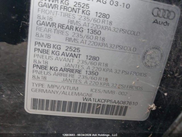 Продаж на аукціоні авто 2010 Audi Q5 Premium Plus, vin: WA1LKCFP5AA087610, номер лоту: 12683683