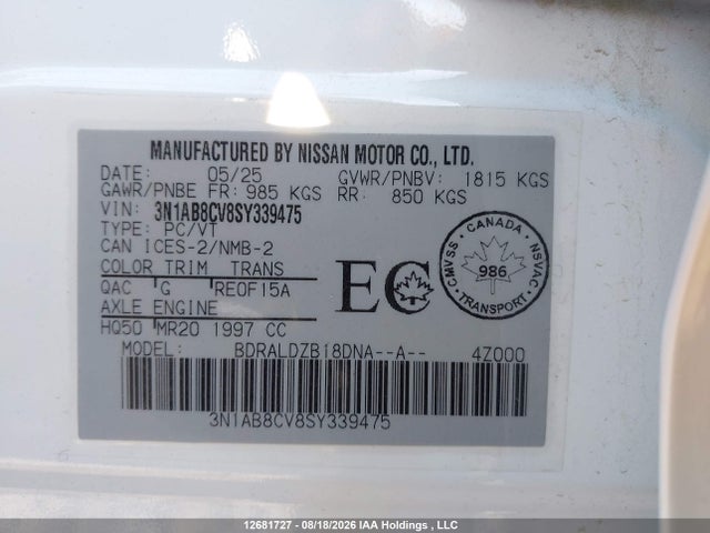 Продажа на аукционе авто 2025 Nissan Sentra Sv Cvt, vin: 3N1AB8CV8SY339475, номер лота: 12681727