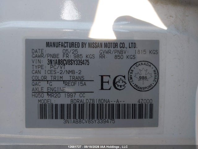 Продажа на аукционе авто 2025 Nissan Sentra Sv Cvt, vin: 3N1AB8CV8SY339475, номер лота: 12681727