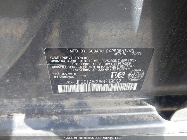 Aukcja sprzedaży 2021 Subaru Crosstrek Convenience, vin: JF2GTABC9M8339562, numer aukcji: 12683710