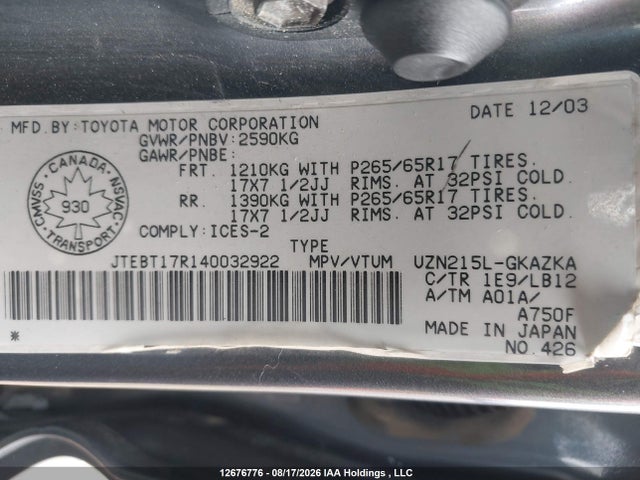 Продажа на аукционе авто 2004 Toyota 4runner Limited V8, vin: JTEBT17R140032922, номер лота: 12676776