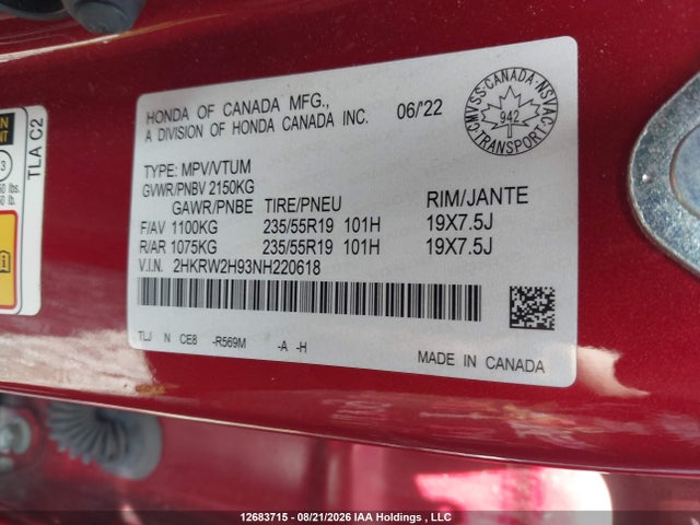 2HKRW2H93NH220618 Honda Cr-v Touring