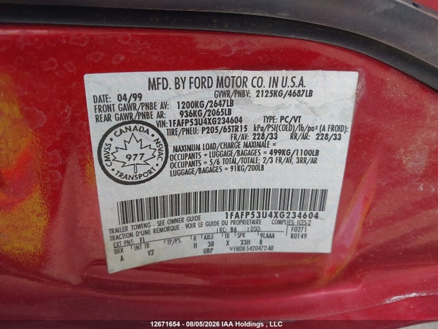 Продажа на аукционе авто 1999 Ford Taurus Se, vin: 1FAFP53U4XG234604, номер лота: 12671654