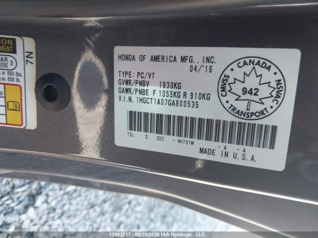 12683717 :رقم المزاد ، 1HGCT1A07GA800535 vin ، 2016 Honda Accord Touring مزاد بيع