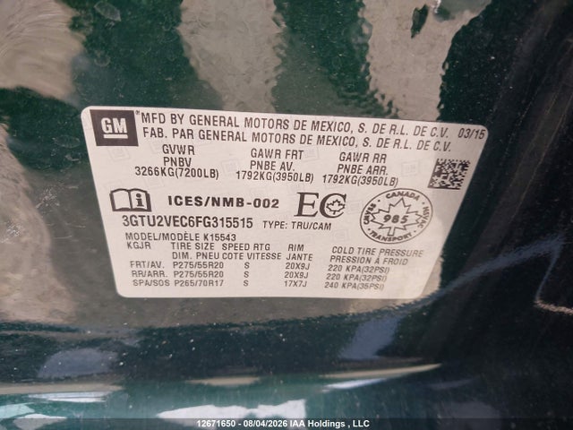 12671650 :رقم المزاد ، 3GTU2VEC6FG315515 vin ، 2015 Gmc Sierra 1500 Slt مزاد بيع