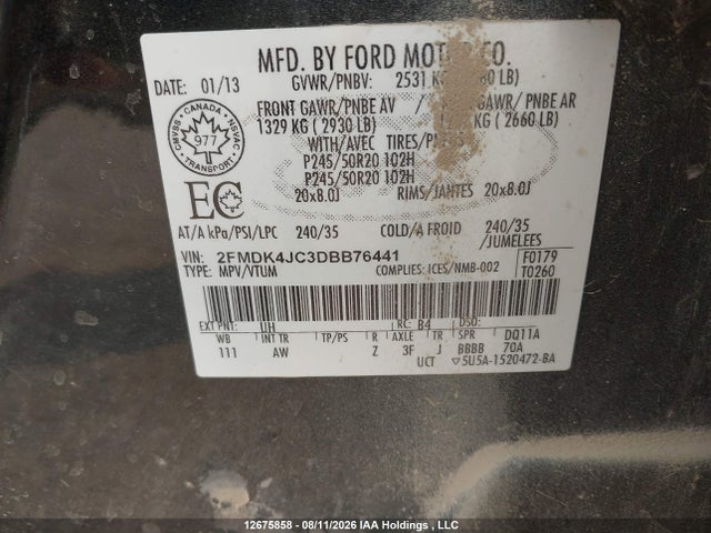 Продажа на аукционе авто 2013 Ford Edge Sel, vin: 2FMDK4JC3DBB76441, номер лота: 12675858