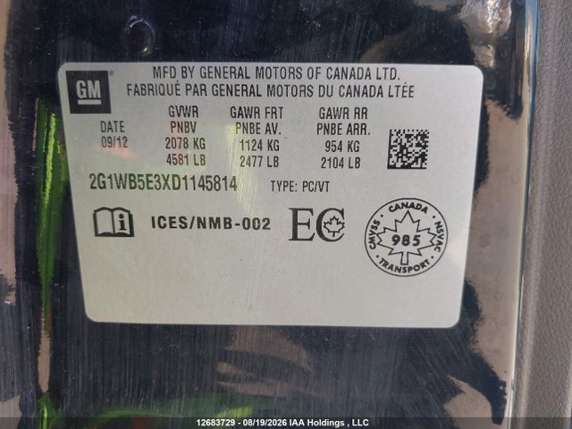 Продаж на аукціоні авто 2013 Chevrolet Impala Lt, vin: 2G1WB5E3XD1145814, номер лоту: 12683729