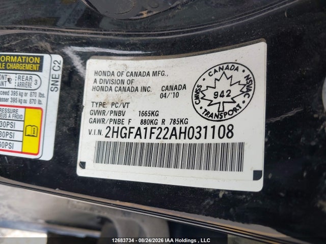 2010 Honda Civic Dx/dx-a მანქანა იყიდება აუქციონზე, vin: 2HGFA1F22AH031108, აუქციონის ნომერი: 12683734