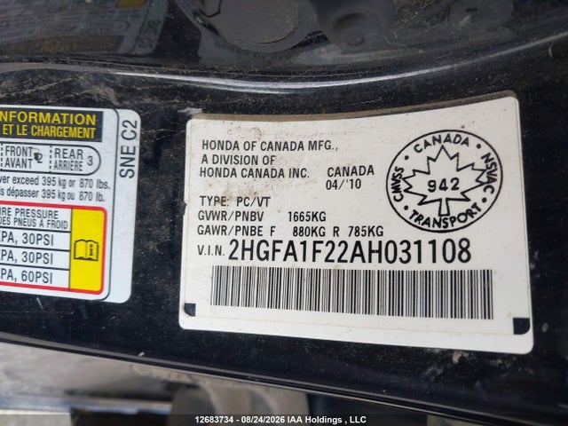 2010 Honda Civic Dx/dx-a მანქანა იყიდება აუქციონზე, vin: 2HGFA1F22AH031108, აუქციონის ნომერი: 12683734