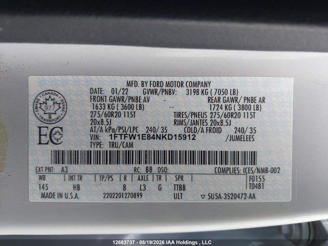 Продажа на аукционе авто 2022 Ford F-150 Lariat, vin: 1FTFW1E84NKD15912, номер лота: 12683737