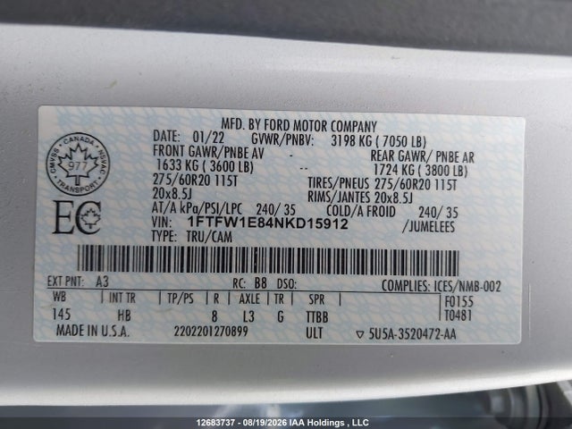 Продажа на аукционе авто 2022 Ford F-150 Lariat, vin: 1FTFW1E84NKD15912, номер лота: 12683737