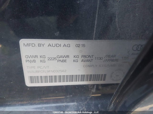 12683749 :رقم المزاد ، WAUBFCFL9FN032562 vin ، 2015 Audi A4 2.0t Komfort Plus مزاد بيع