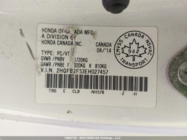 2014 Honda Civic Ex მანქანა იყიდება აუქციონზე, vin: 2HGFB2F53EH027457, აუქციონის ნომერი: 12683758