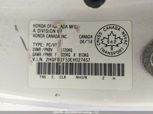 2014 Honda Civic Ex მანქანა იყიდება აუქციონზე, vin: 2HGFB2F53EH027457, აუქციონის ნომერი: 12683758