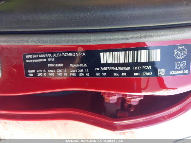 Aukcja sprzedaży 2018 Alfa Romeo Giulia Ti Q4, vin: ZARFAEEN4J7597564, numer aukcji: 12683759