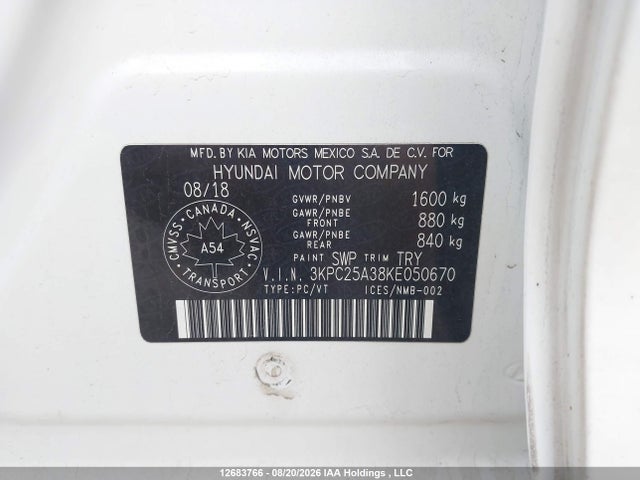 12683766 :رقم المزاد ، 3KPC25A38KE050670 vin ، 2019 Hyundai Accent Preferred مزاد بيع