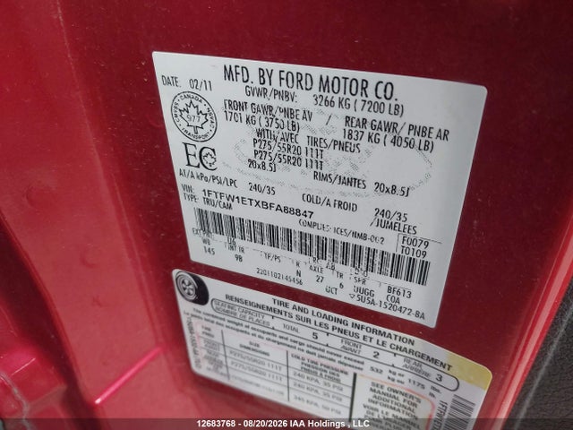 2011 Ford F-150 Platinum მანქანა იყიდება აუქციონზე, vin: 1FTFW1ETXBFA88847, აუქციონის ნომერი: 12683768