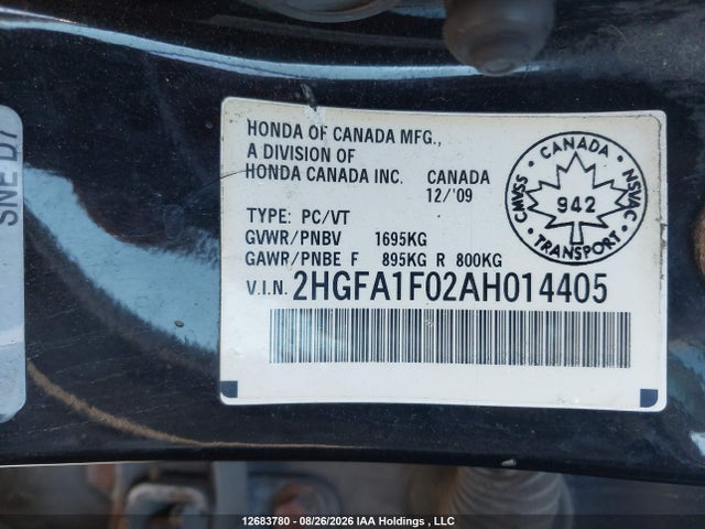 2010 Honda Civic Exl მანქანა იყიდება აუქციონზე, vin: 2HGFA1F02AH014405, აუქციონის ნომერი: 12683780
