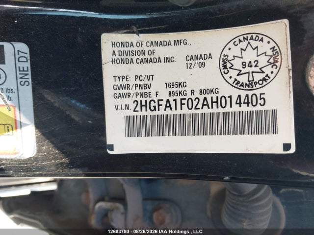 2010 Honda Civic Exl მანქანა იყიდება აუქციონზე, vin: 2HGFA1F02AH014405, აუქციონის ნომერი: 12683780