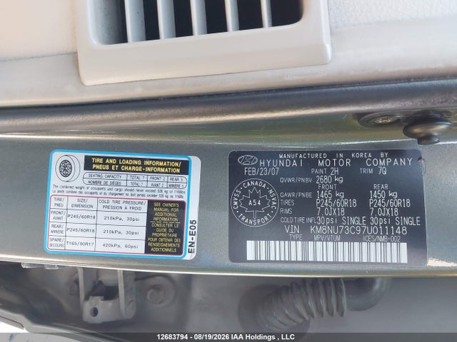 Aukcja sprzedaży 2007 Hyundai Veracruz Gls/se/limited, vin: KM8NU73C97U011148, numer aukcji: 12683794
