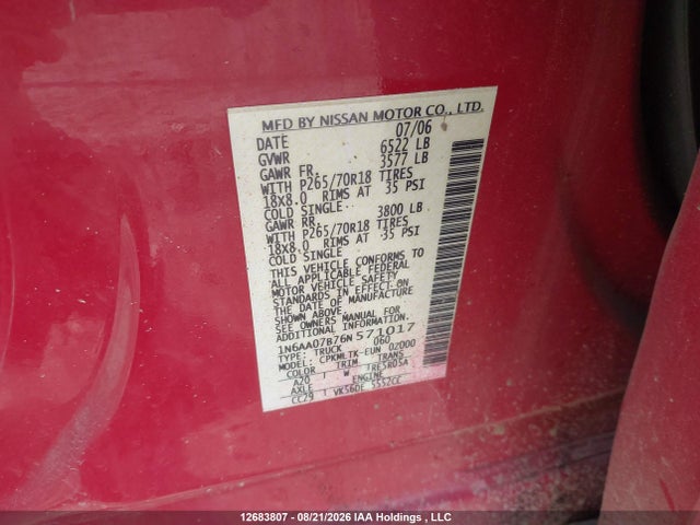 12683807 :رقم المزاد ، 1N6AA07B76N571017 vin ، 2006 Nissan Titan Xe/se/le مزاد بيع