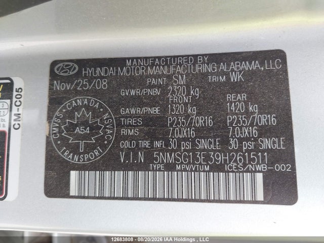 2009 Hyundai Santa Fe Gls მანქანა იყიდება აუქციონზე, vin: 5NMSG13E39H261511, აუქციონის ნომერი: 12683808